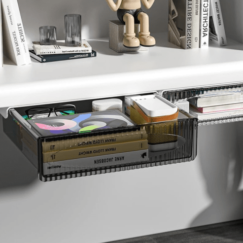 Boîte de rangement à tiroir auto - adhésive sous table – tiroir caché de grande capacité pour bureau, armoire ou organisation d’espace - Haven HomeHaven Home
